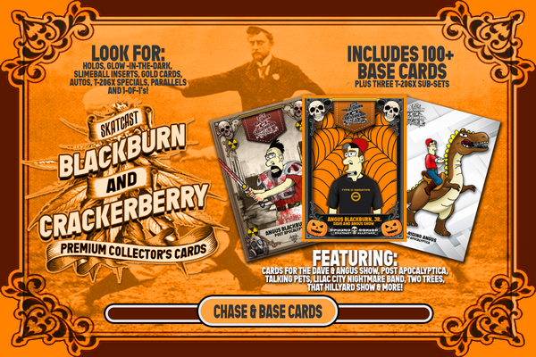 Blackburn and Crackerberry premium collector's cards with text and card images on an orange background.