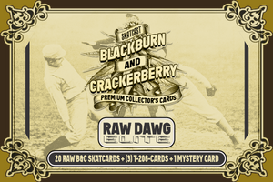 Vintage-style card with a baseball player and promotional text for 'Blackburn and Crackerberry' premium collectors' cards.