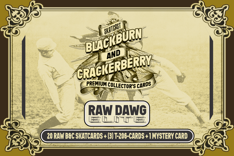 Vintage-style card with a baseball player and promotional text for 'Blackburn and Crackerberry' premium collectors' cards.
