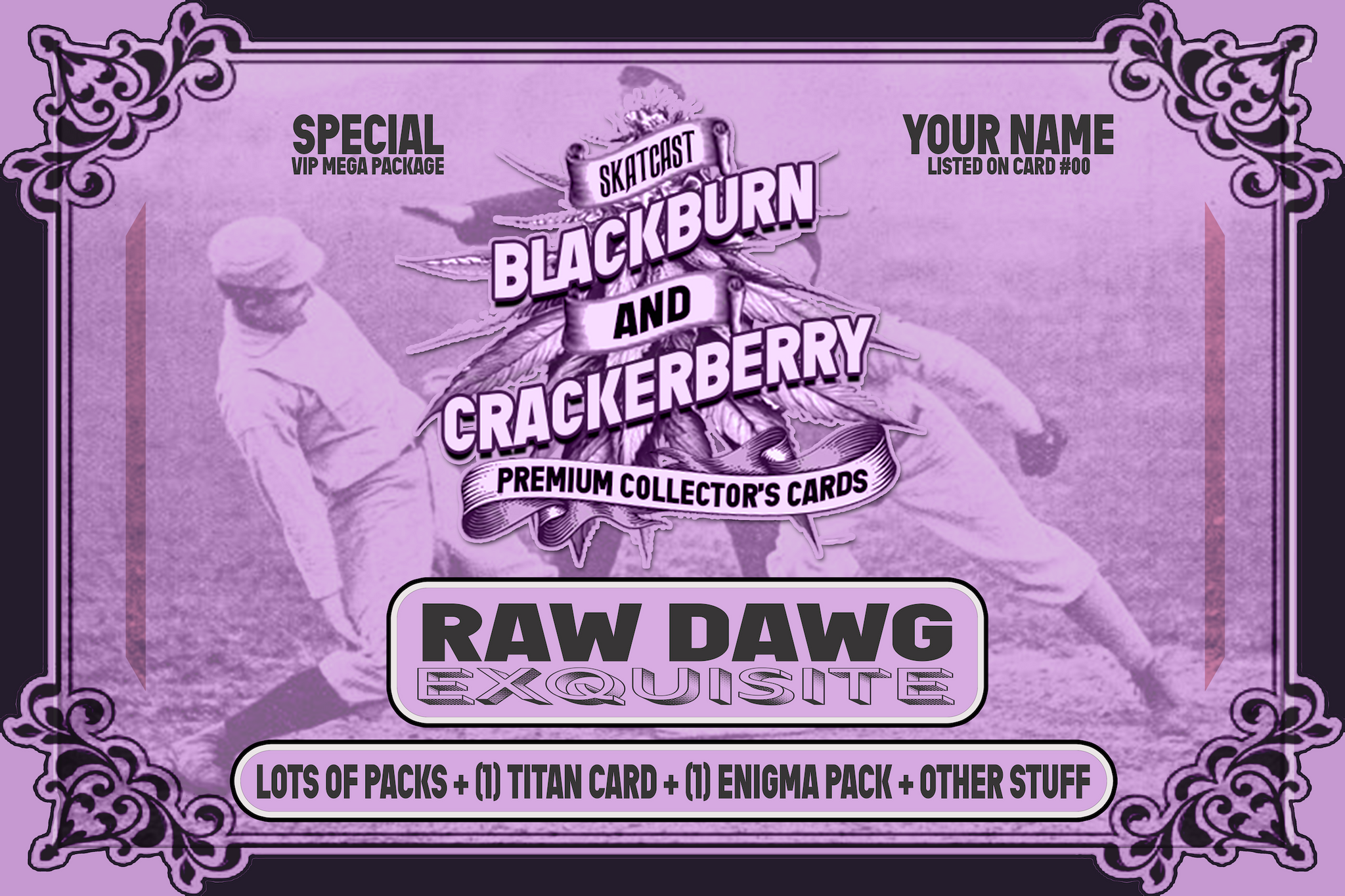 Promotional graphic for Blackburn and Crackerberry premium collector's cards with a baseball theme.