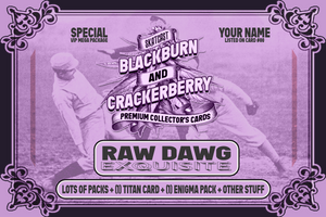 Promotional graphic for Blackburn and Crackerberry premium collector's cards with a baseball theme.